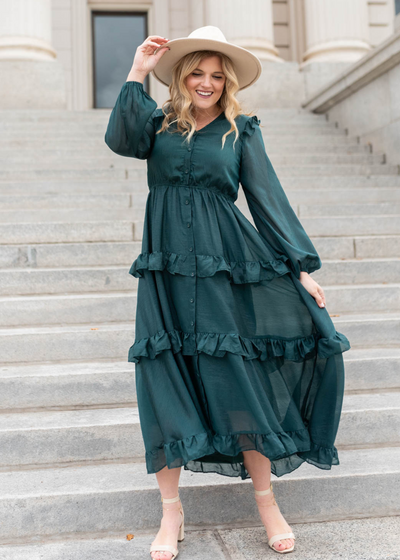 Long sleeve hunter green tiered dress