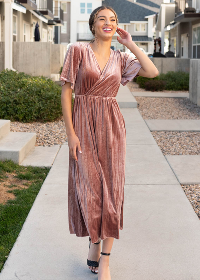 High waist dusty rose velvet dress