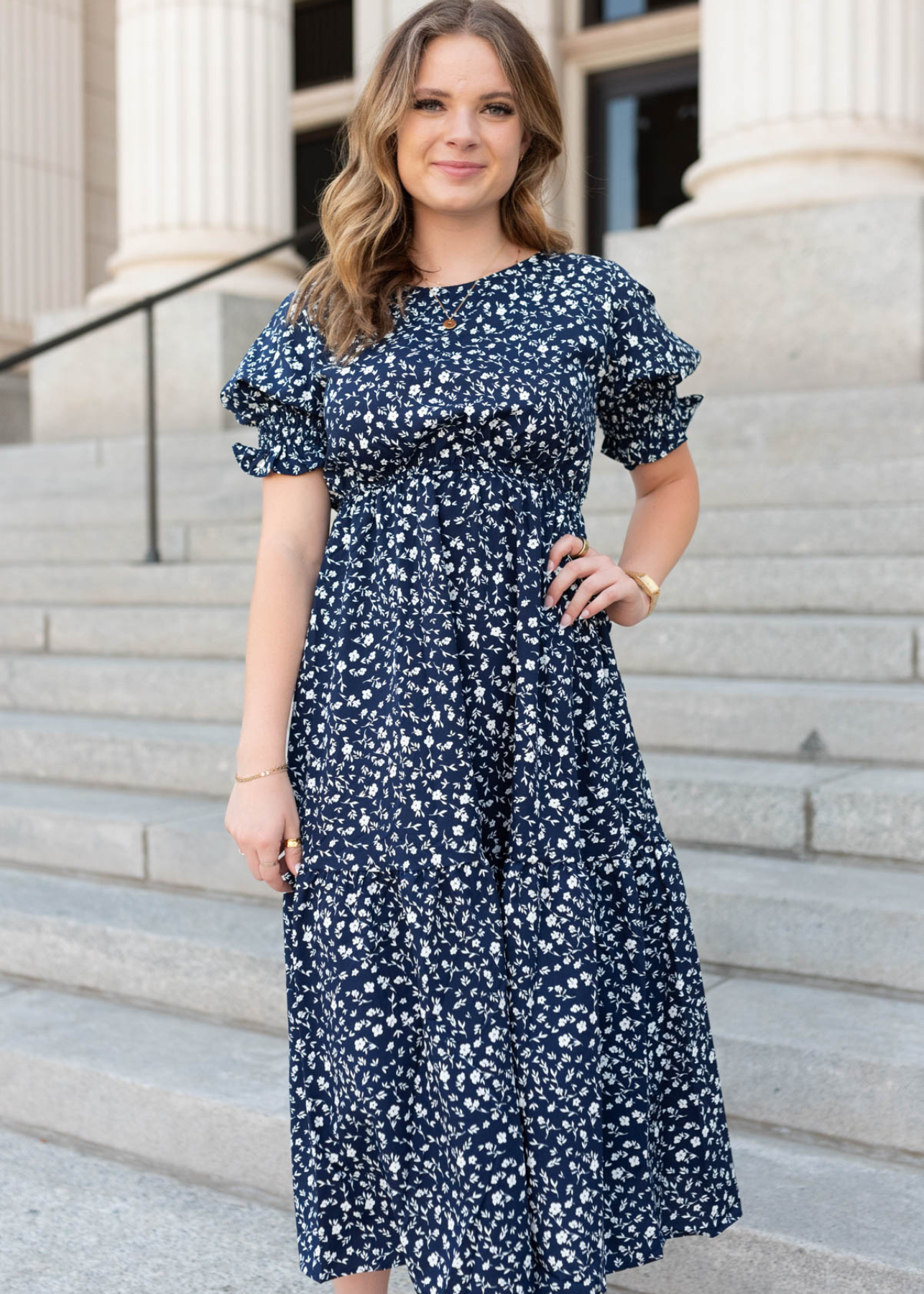 Short sleeve navy floral dress