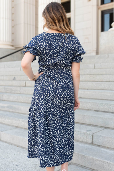 Back view of the navy floral dress