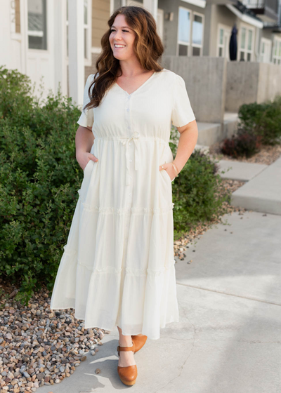 Short sleeve plus size cream button down dress