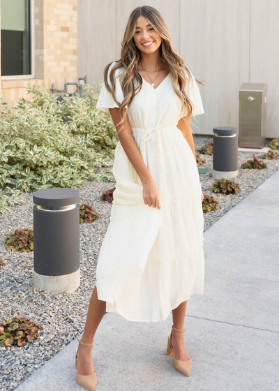 Cream button down dress with short sleeves