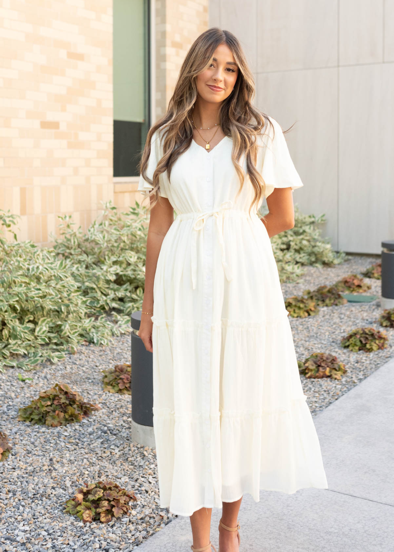 Short sleeve cream button down dress