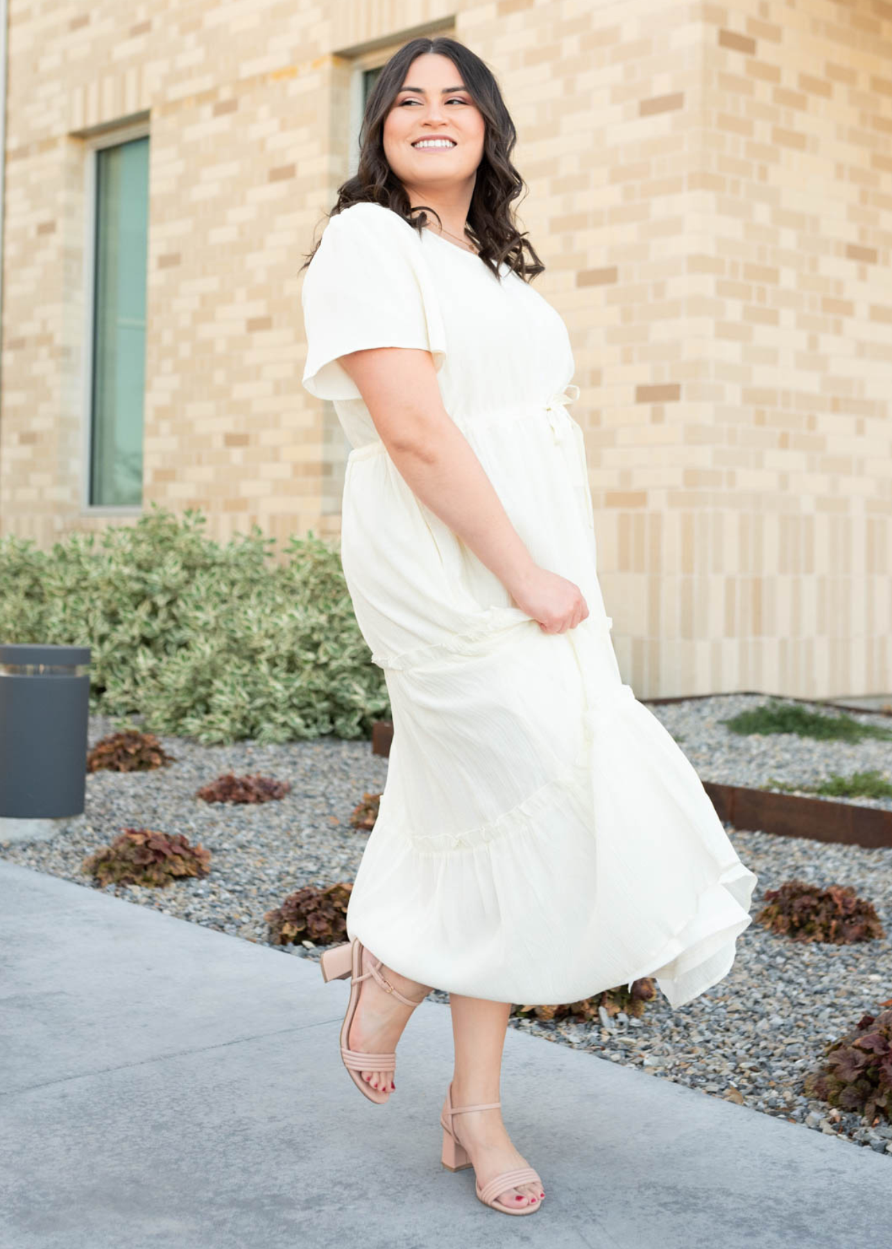 Short sleeve cream button down dress