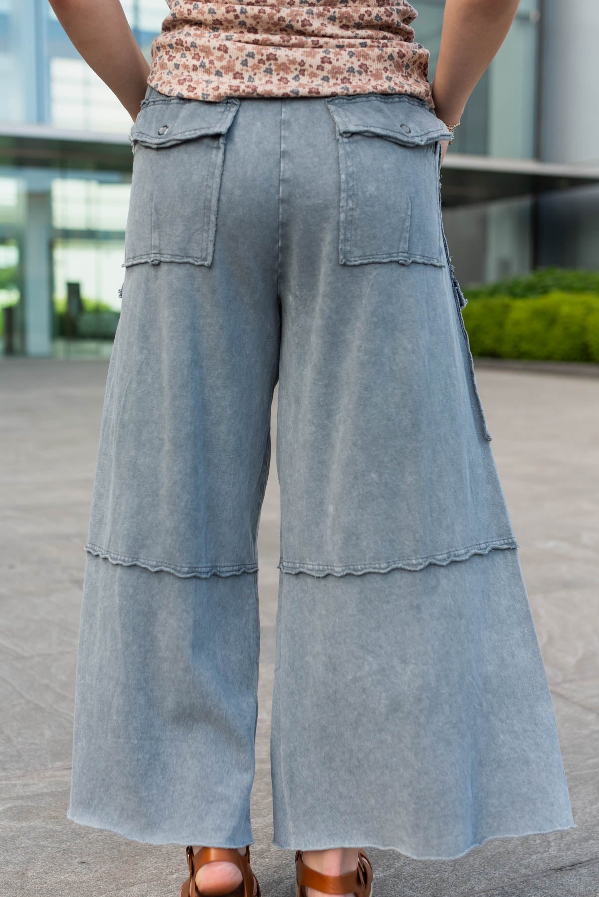 Back view of the faded blue wide leg pants