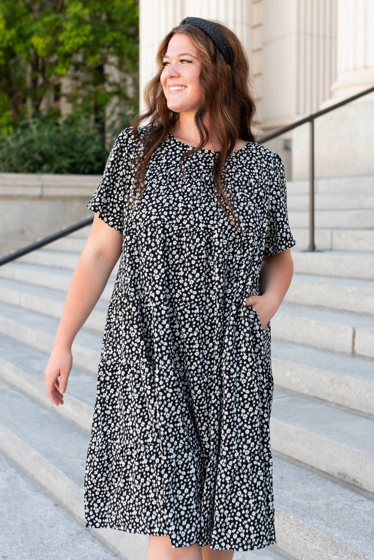 Plus size black ditsy floral dress with pockets