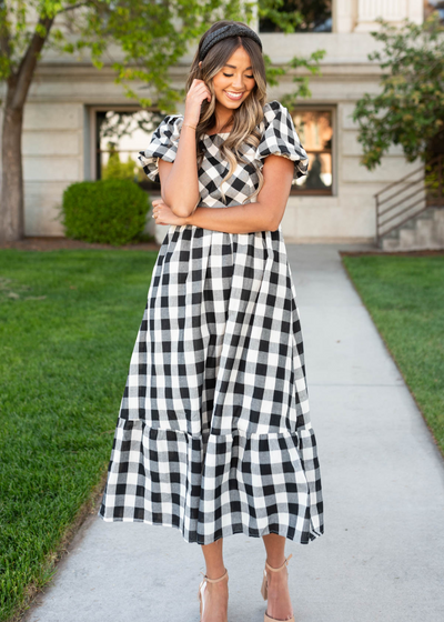 Black gingham dress with short sleeves