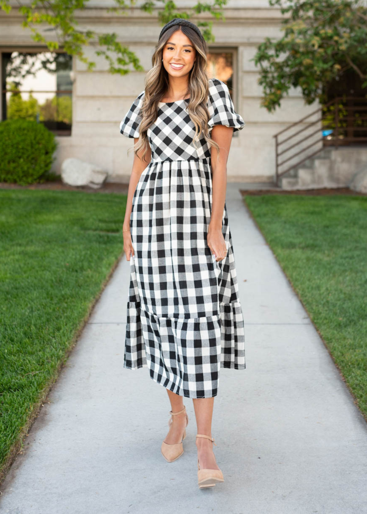 Short sleeve black gingham dress