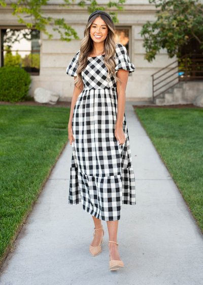 Short sleeve black gingham dress