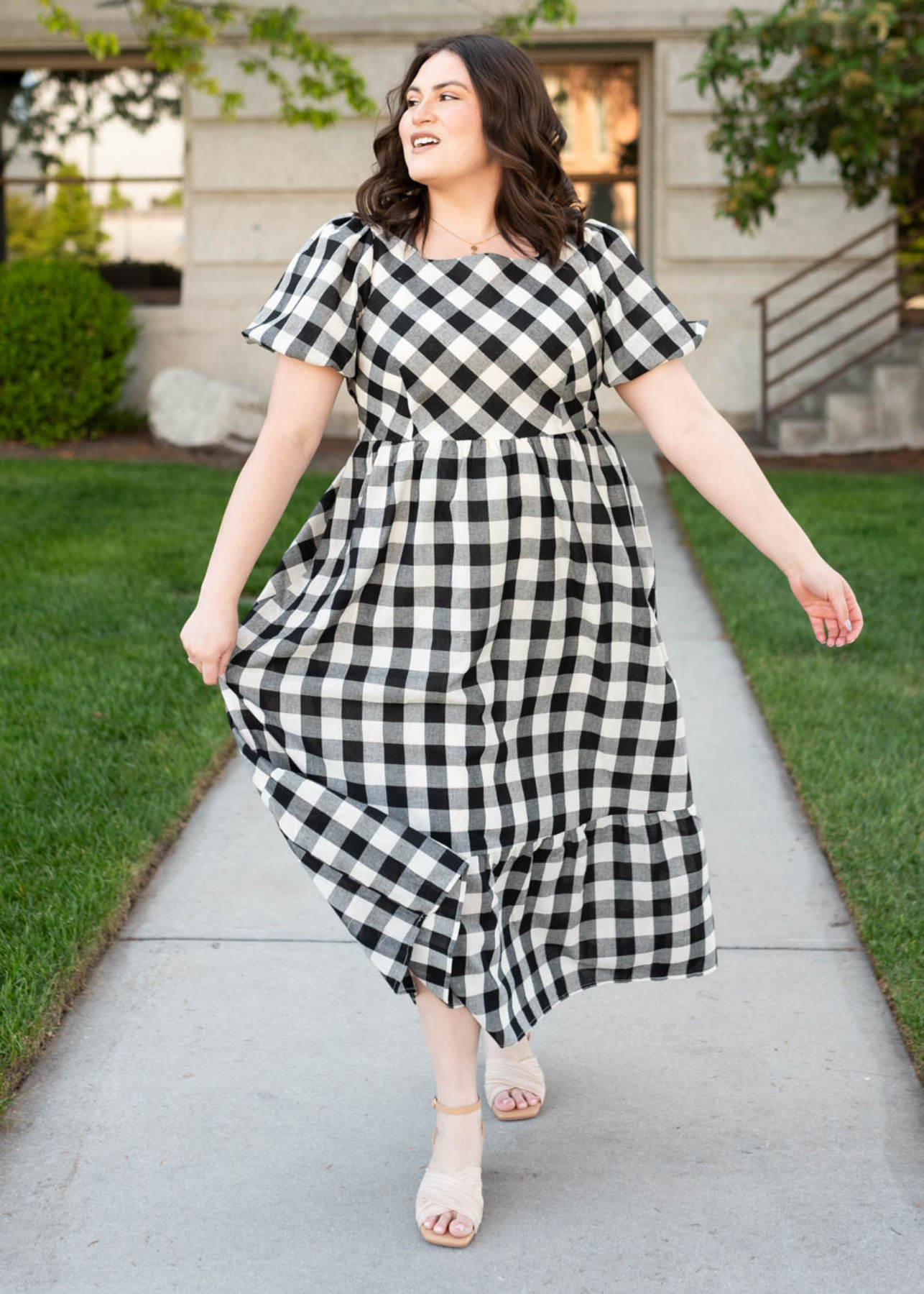 Plus size black gingham dress with short sleeves