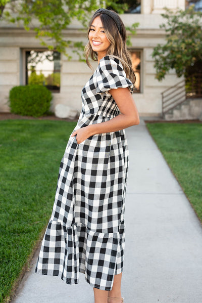 Side view of the black gingham dress