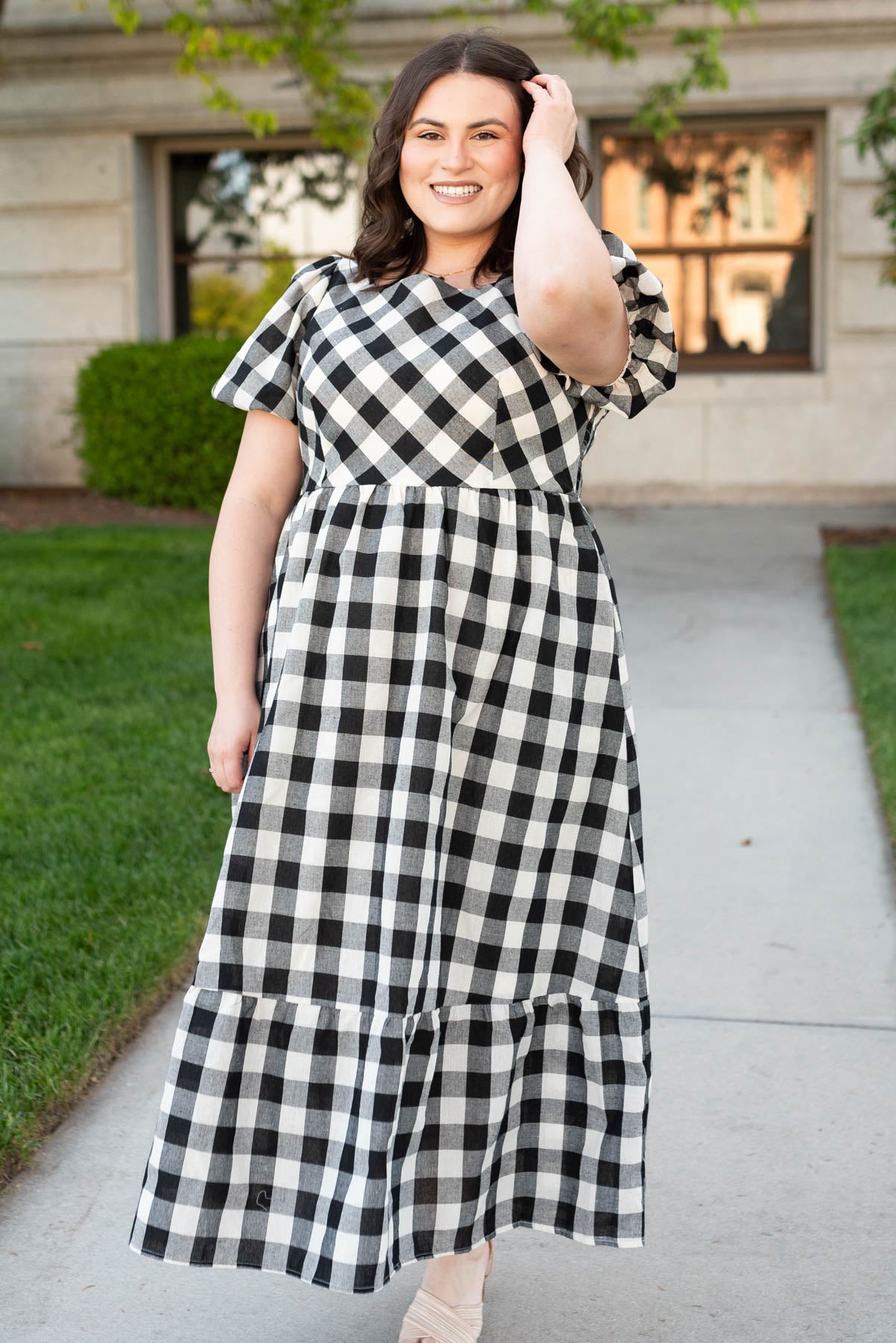 Plus size black gingham dress