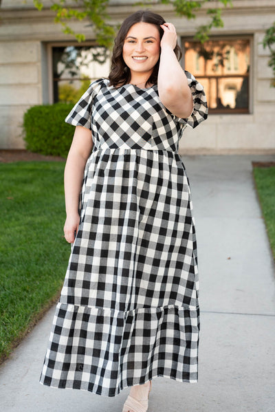 Plus size black gingham dress