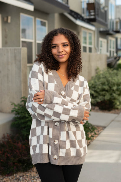 Long sleeve checkered mocha cardigan