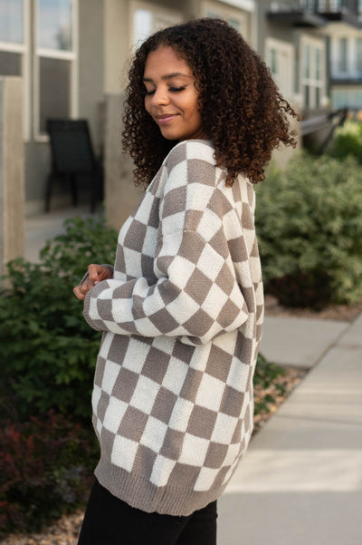 Side view of a mocha cardigan