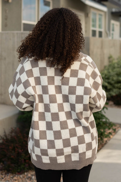 Back view of a mocha cardigan