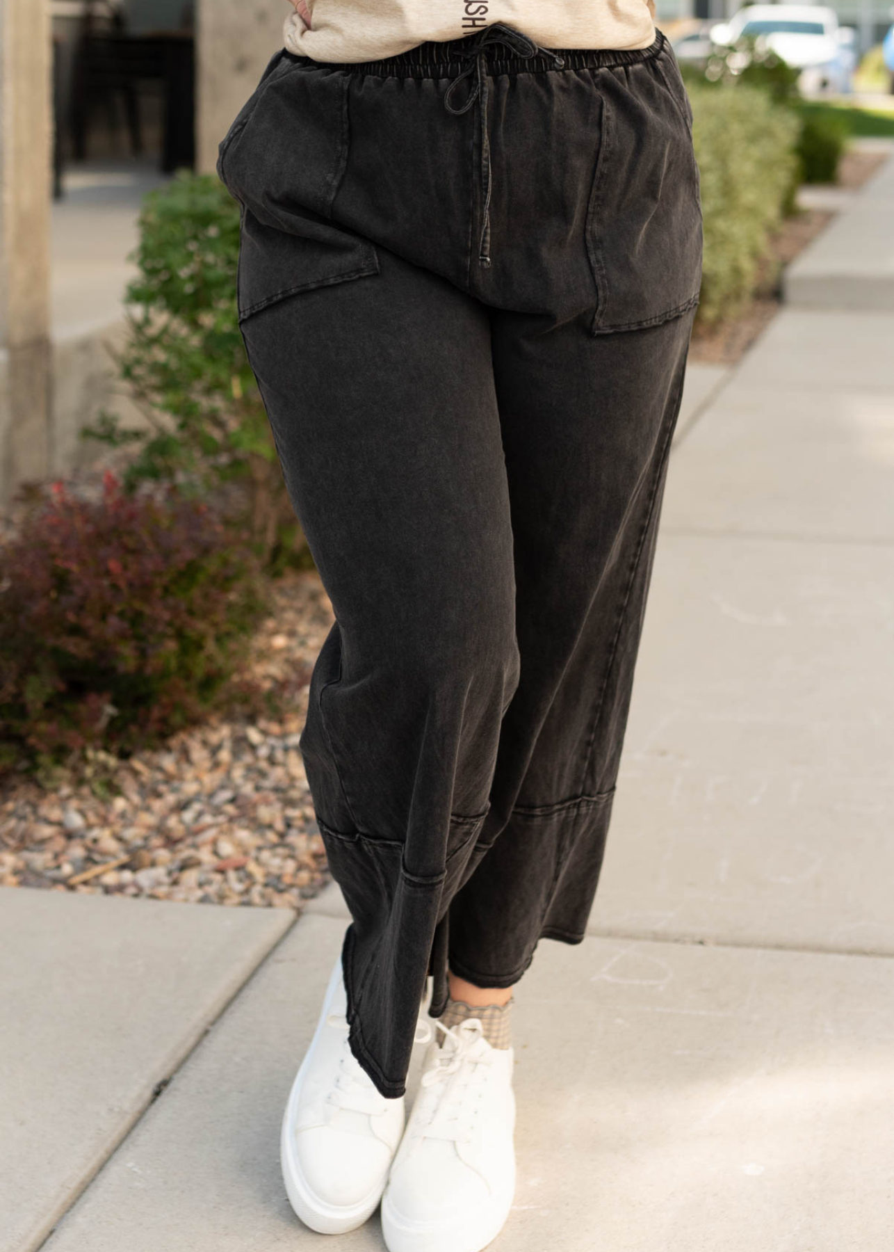 Elastic waist plus size black mineral wash pants