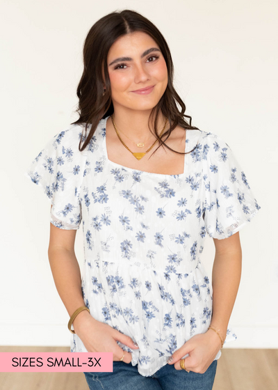 Peplum top blue floral blouse