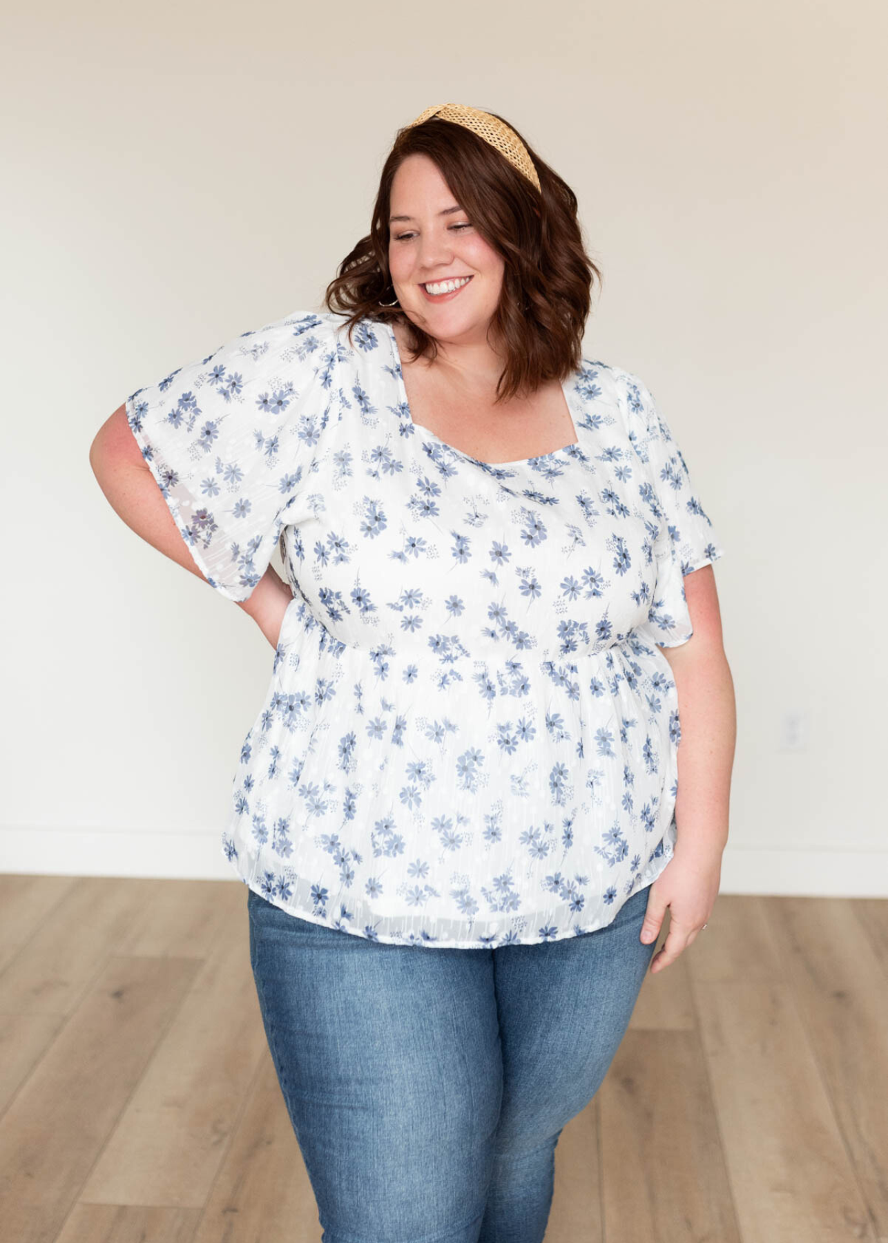 Plus size blue floral blouse