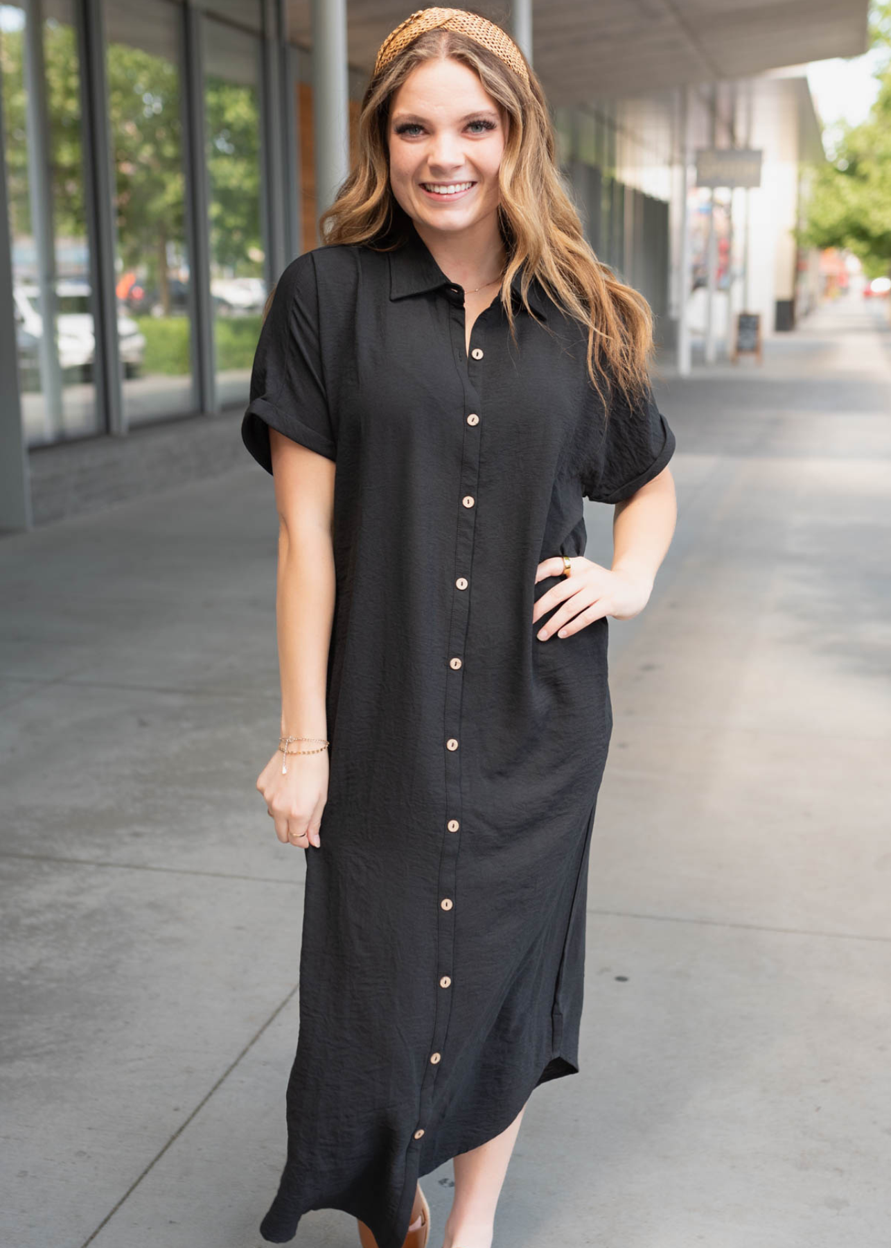 Black button up maxi dress with short drop sleeves