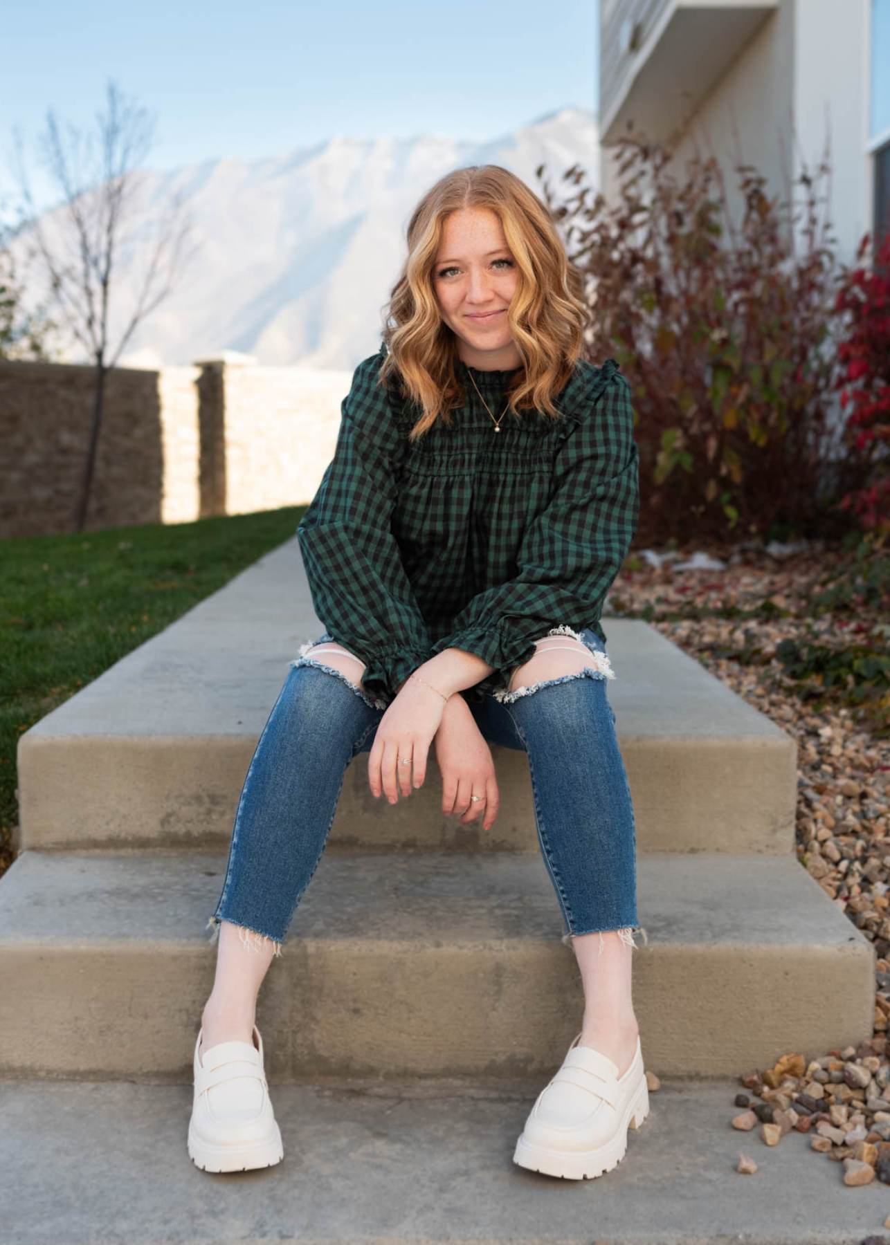 Gingham hunter green ruffle blouse 