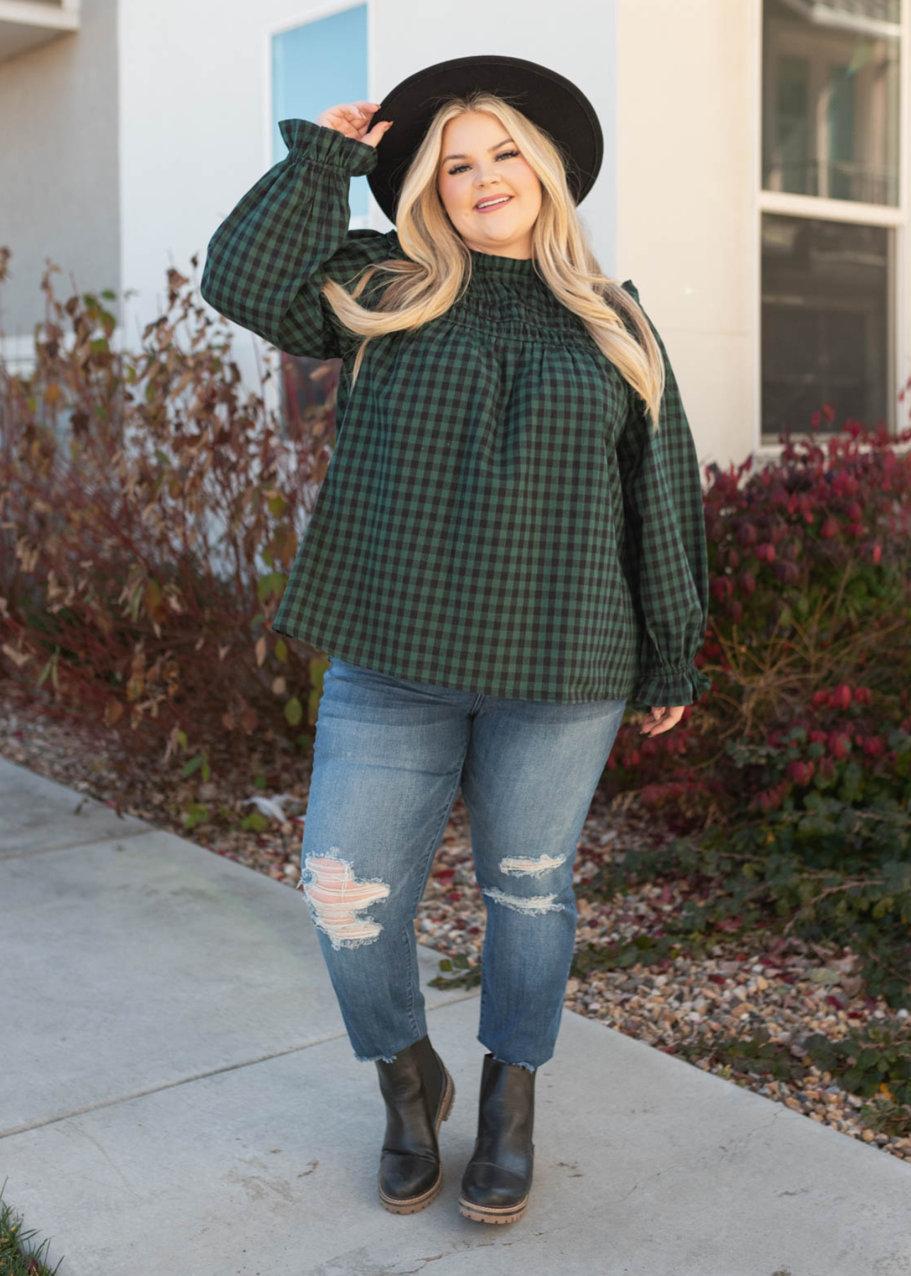 Plus size hunter green ruffle blouse