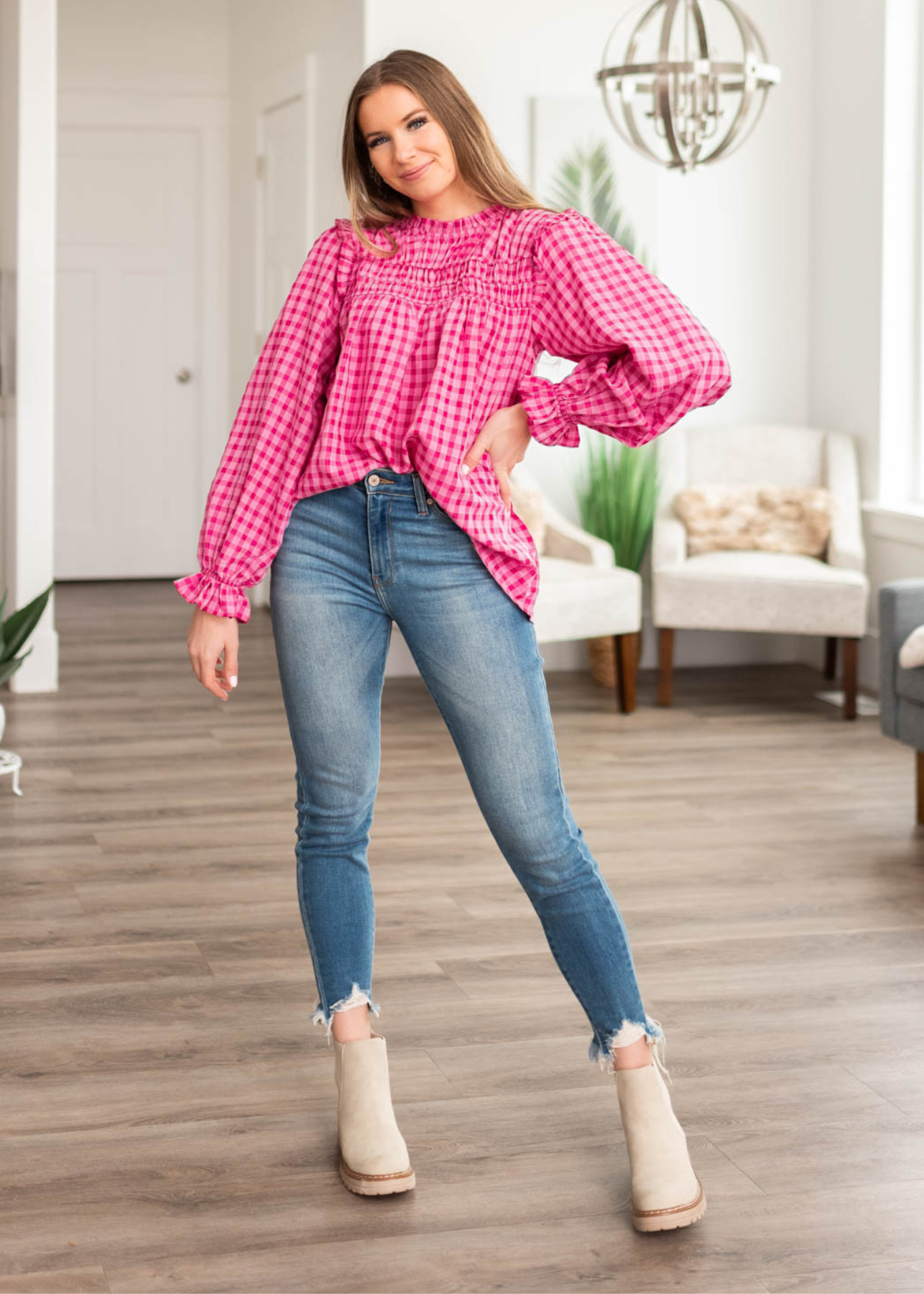 Long sleeve pink fuchsia ruffle blouse