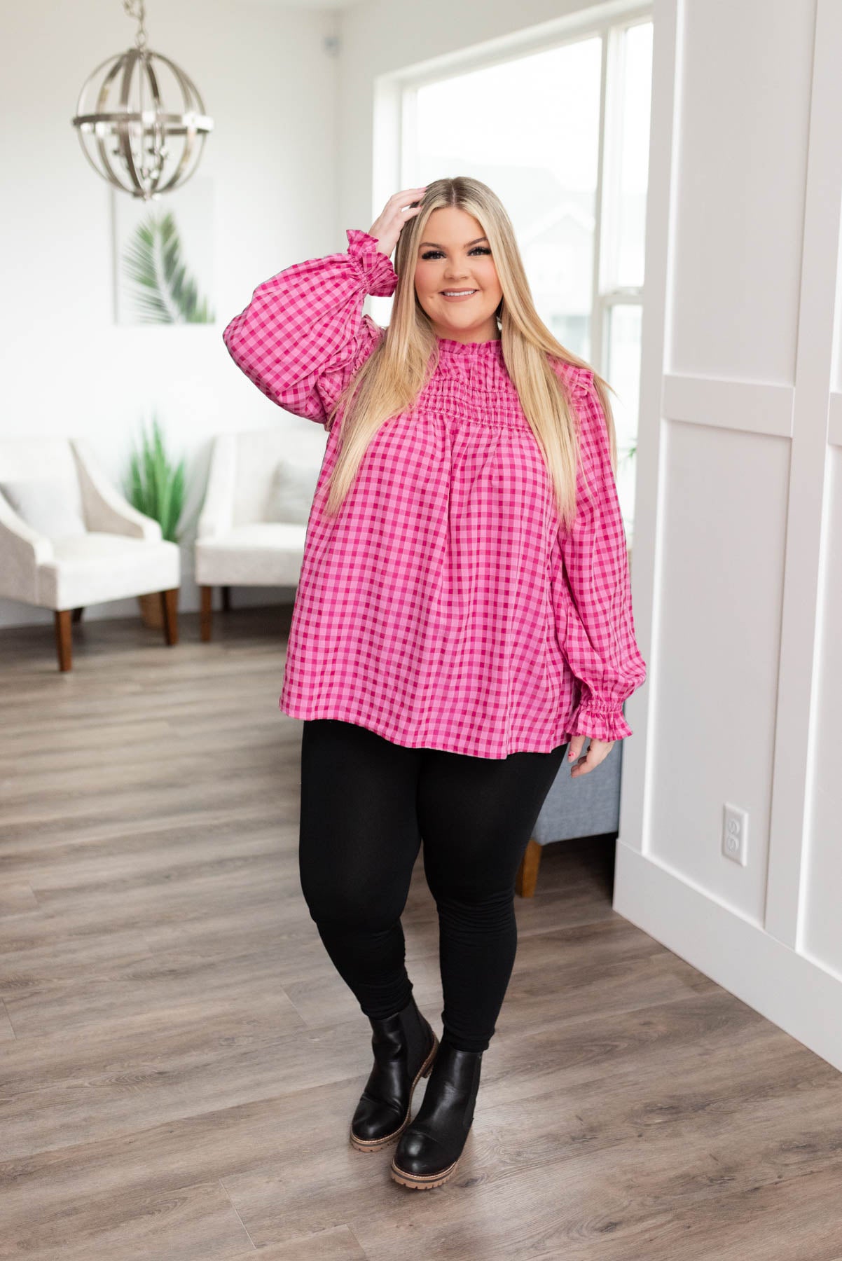 Plus size pink fuchsia ruffle blouse with gathered cuffs