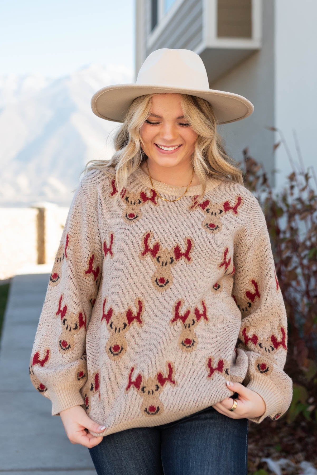 Front view of the Rudolph oatmeal knit sweater