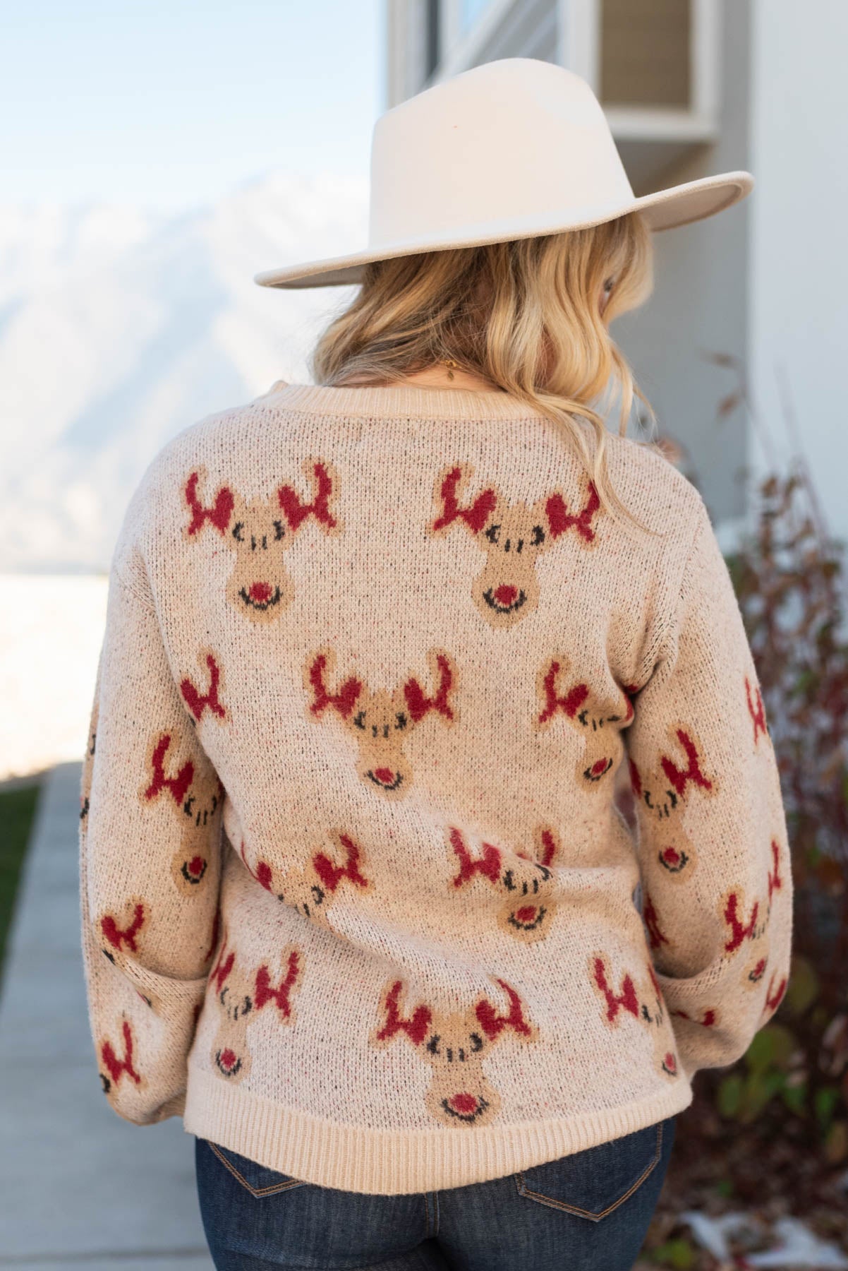 Back view of the Rudolph oatmeal knit sweater