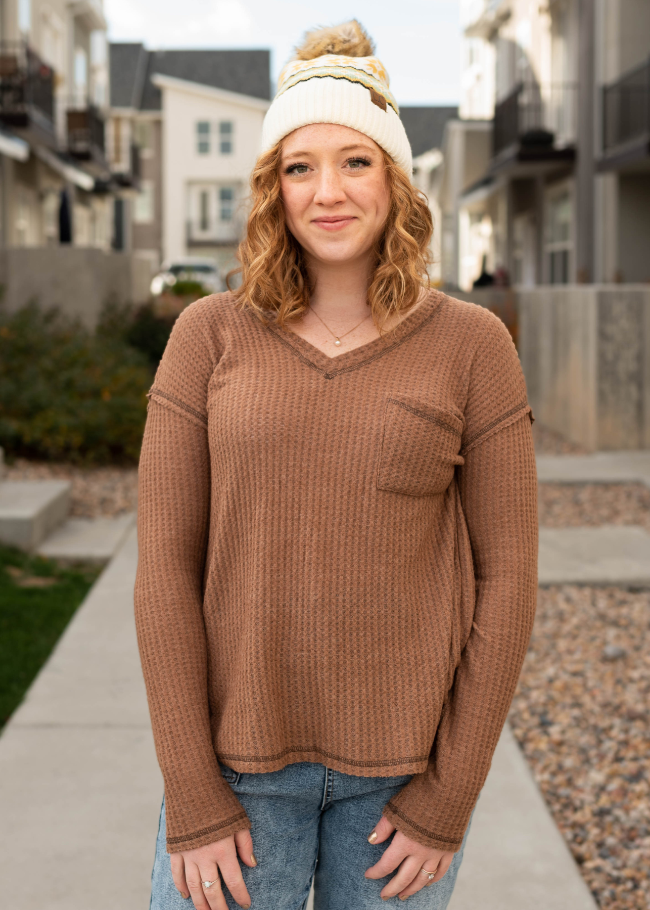 V-neck mocha waffle top with drop shoulder