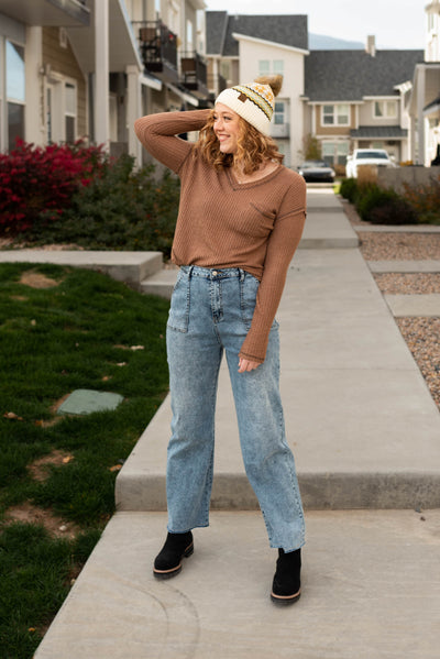 V-neck mocha waffle top