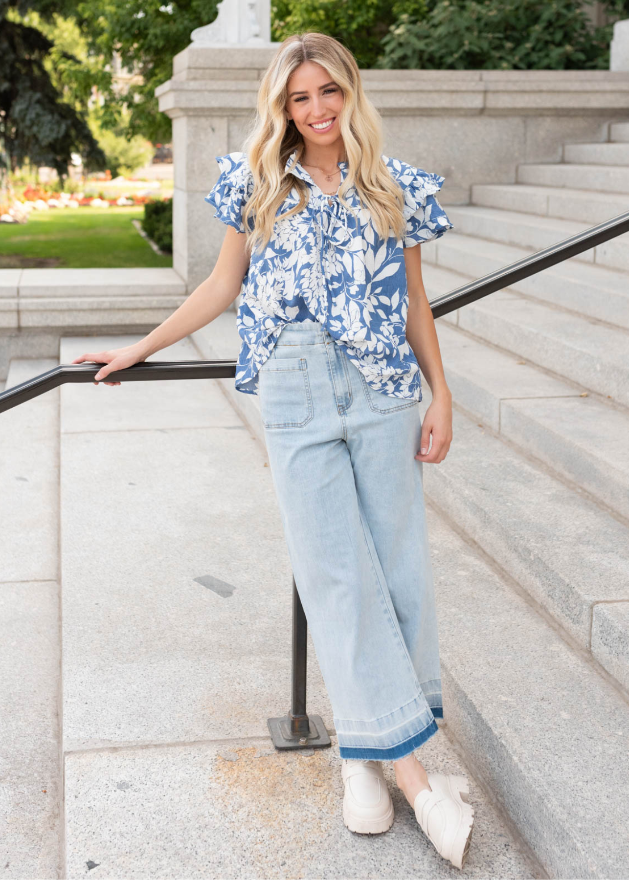 Blue floral ruffle top