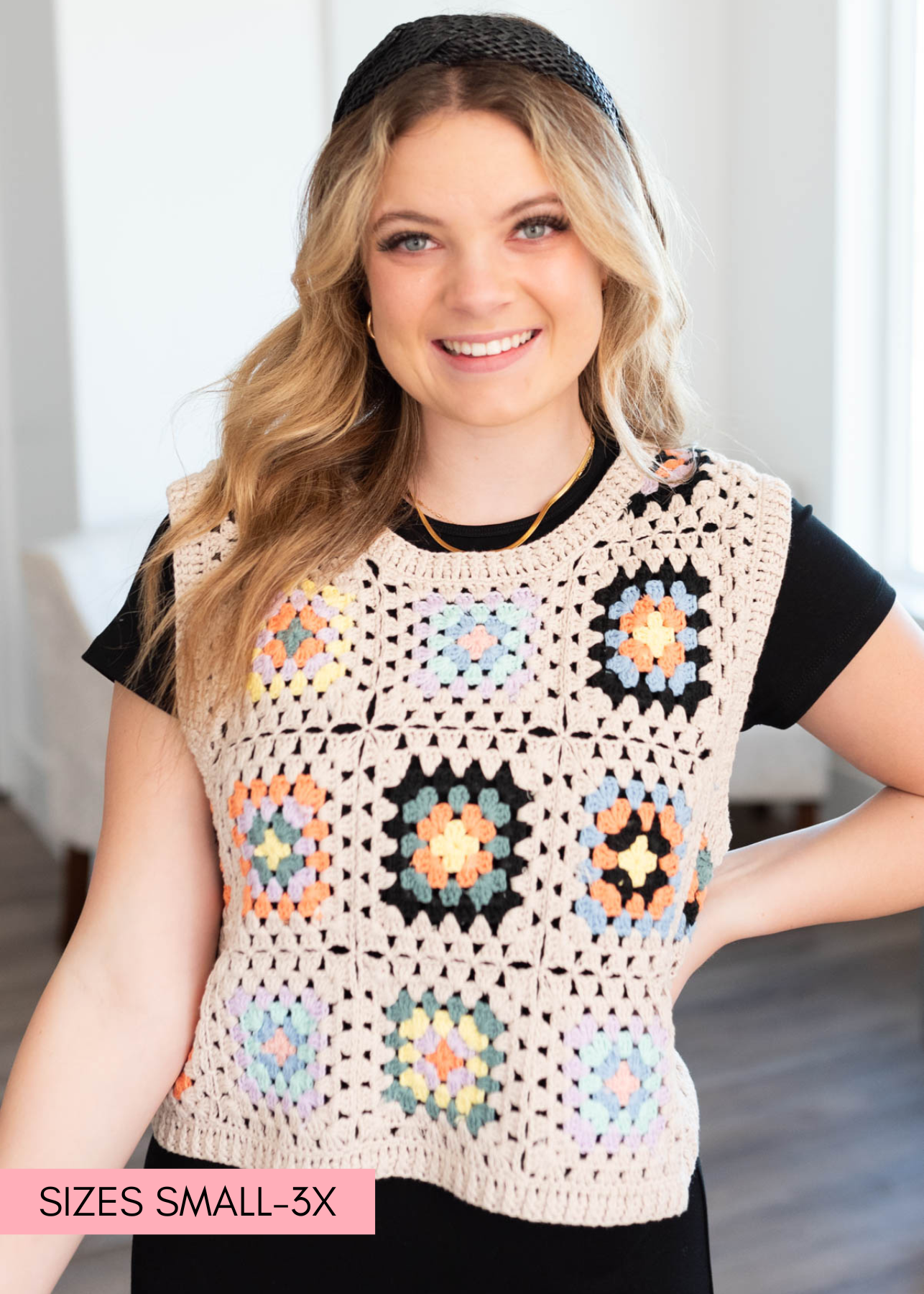 Beige crochet knit top with pastel squares