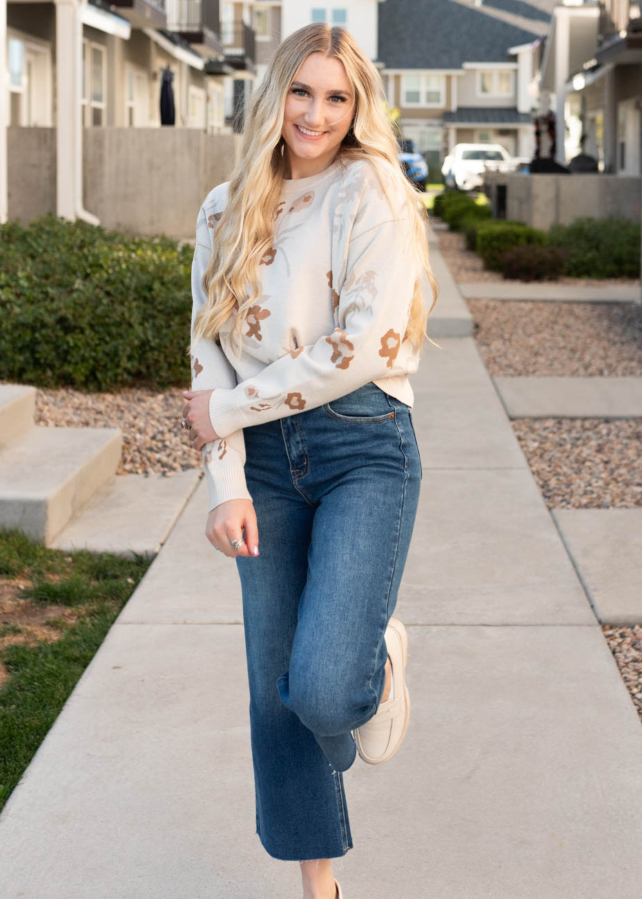 Long sleeve oatmeal floral sweater