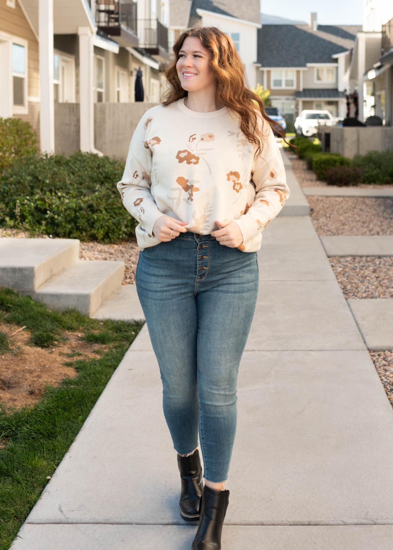 Long sleeve oatmeal floral sweater