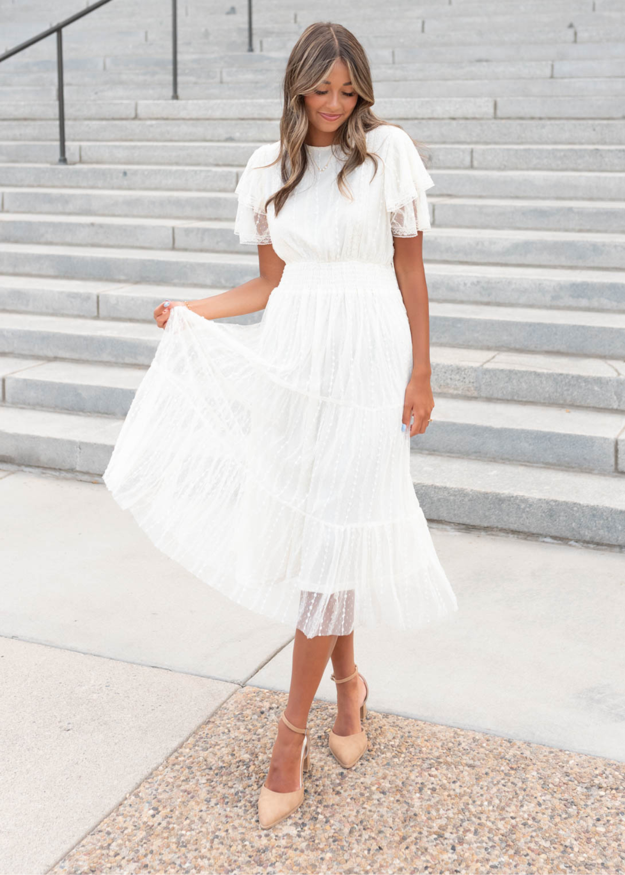 Double ruffle short sleeve cream lace dress