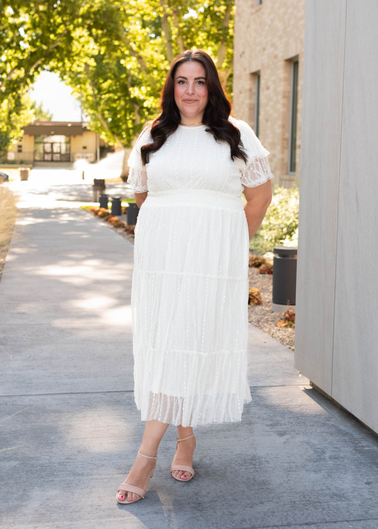 Plus size cream lace dress with elastic waist