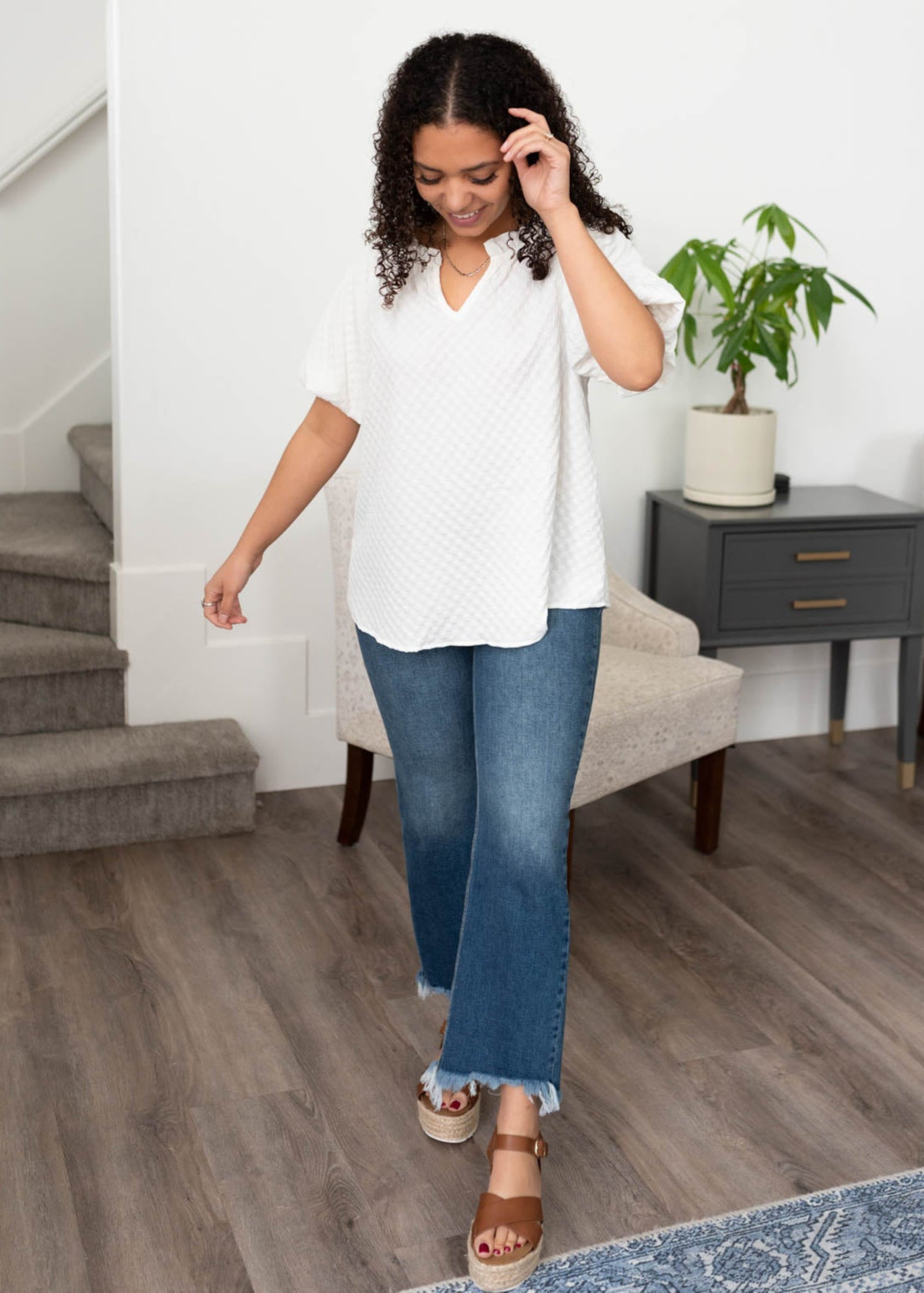 White textured top with short puff sleeves