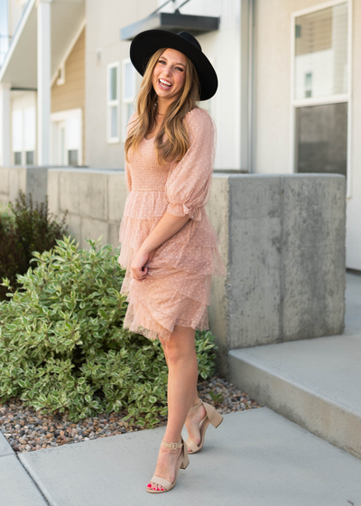 Short sleeve nude dress with ruffle skirt