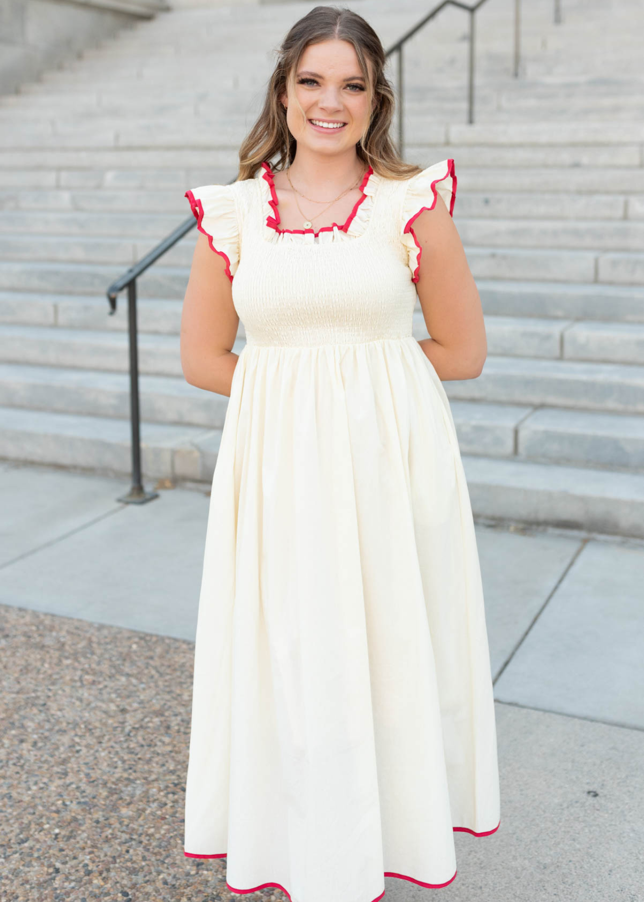 Cream red mid dress with square neck and ruffle sleeves