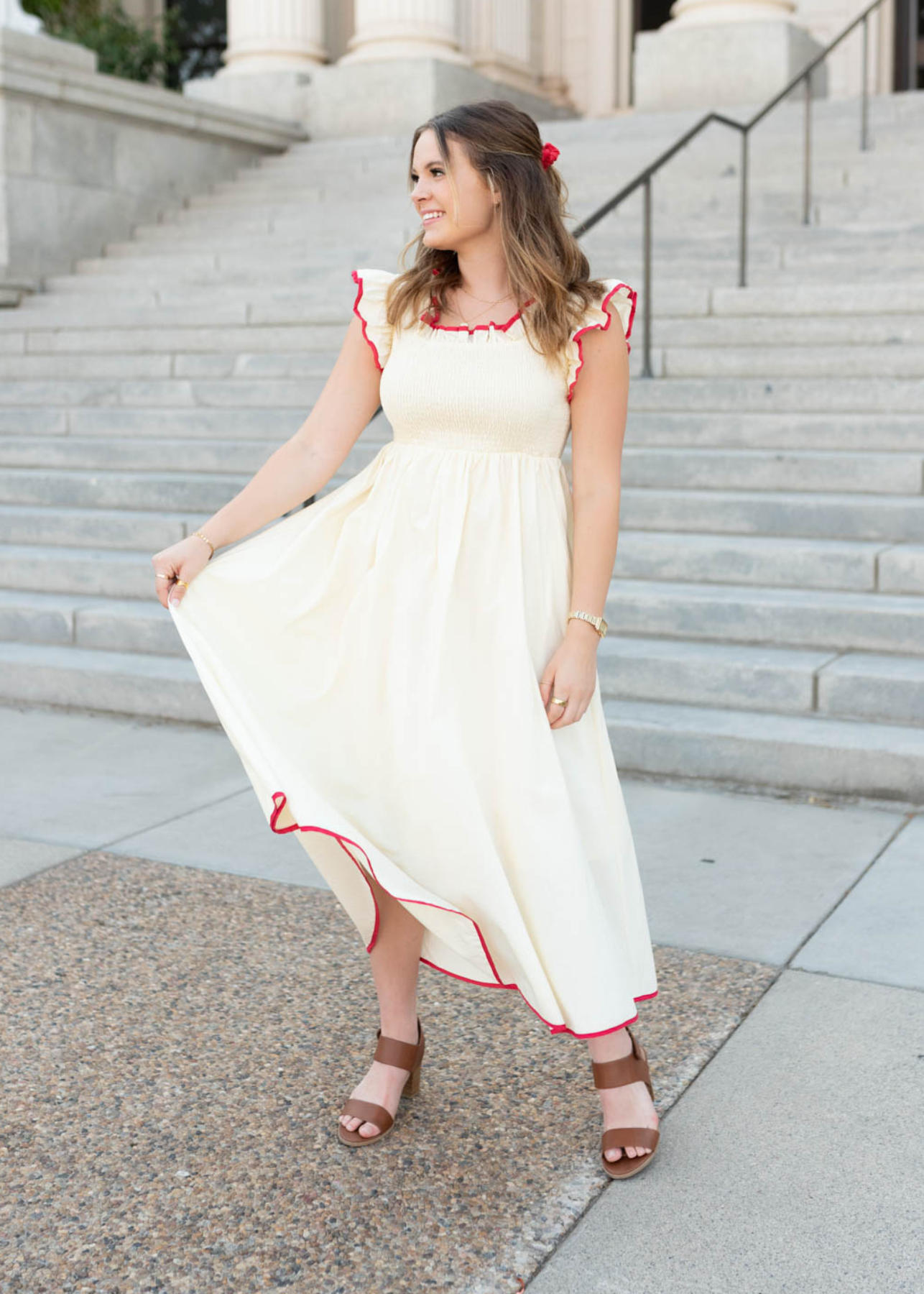 Cream red midi dress with red trim