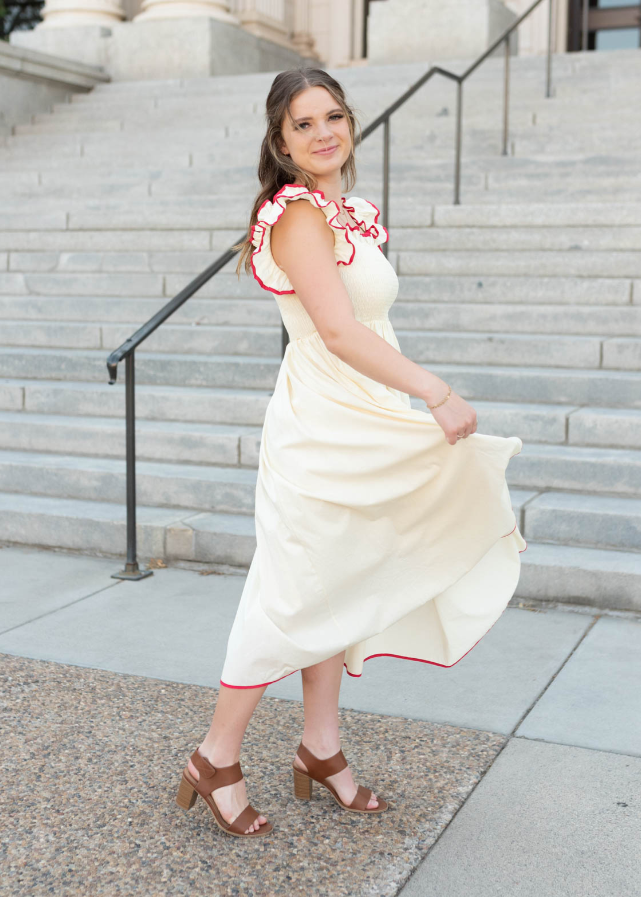 Cream red midi dress with ruffle sleeves