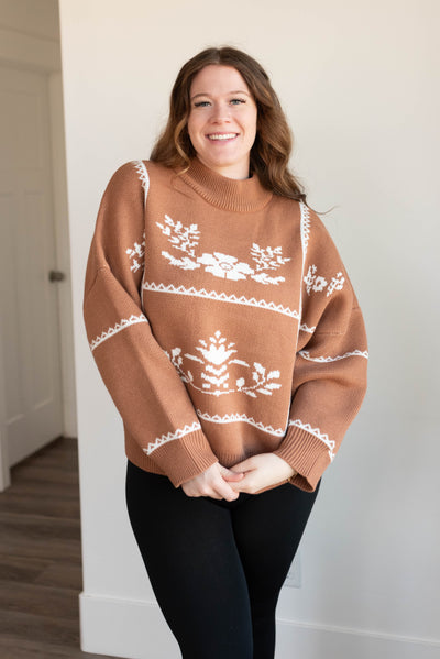 Long sleeve mocha floral printed sweater with long sleeves