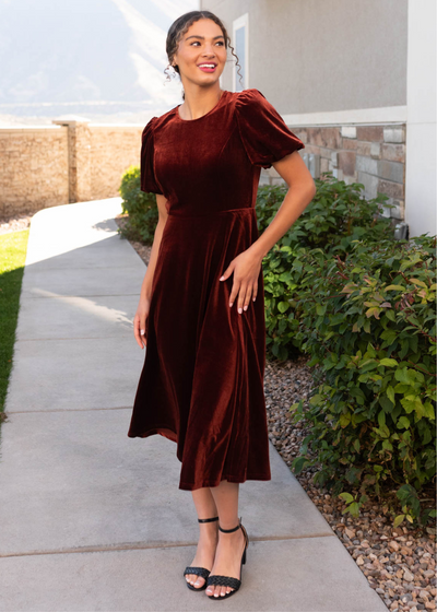 Fitted bodice copper velvet dress