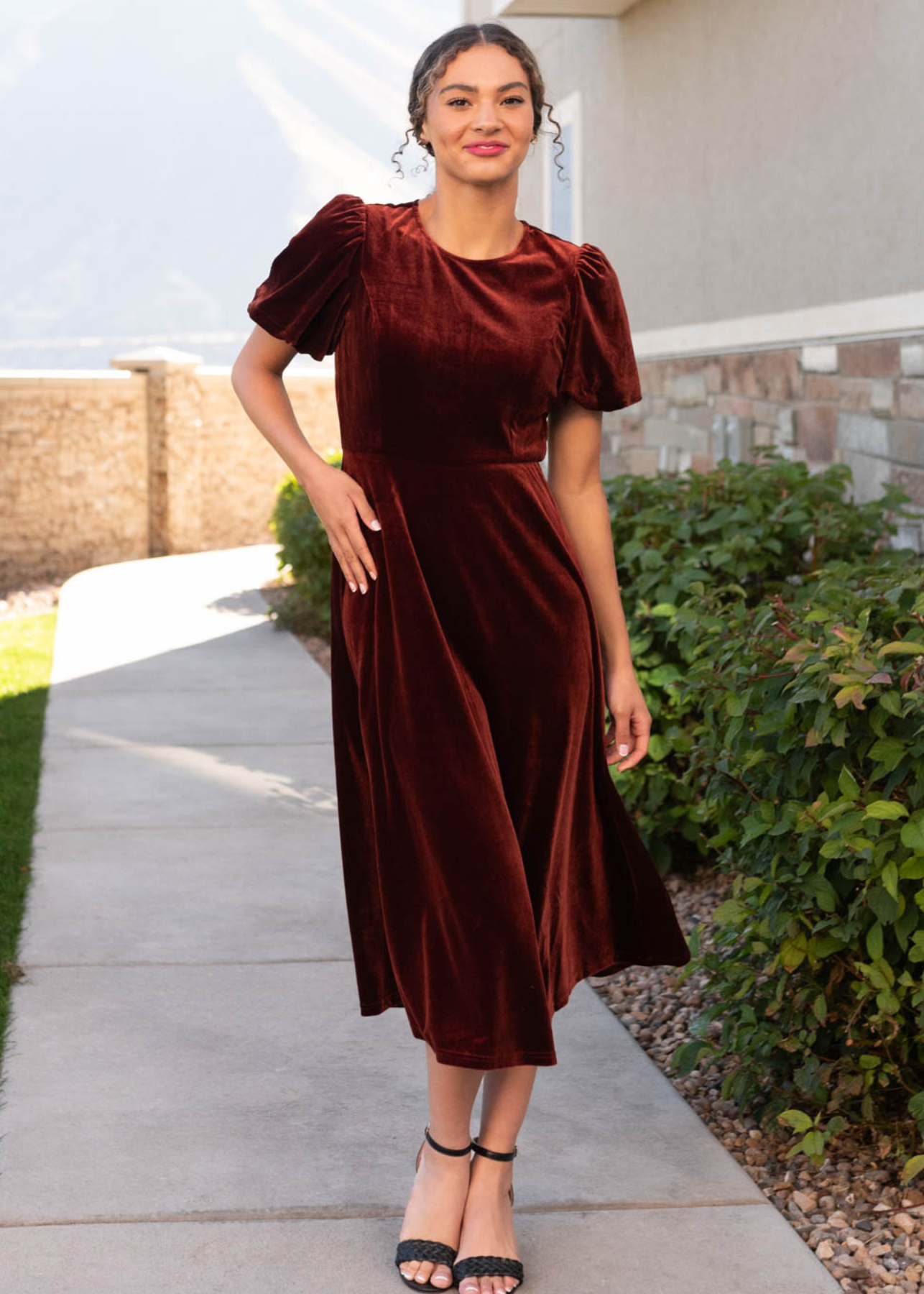 Short sleeve copper velvet dress