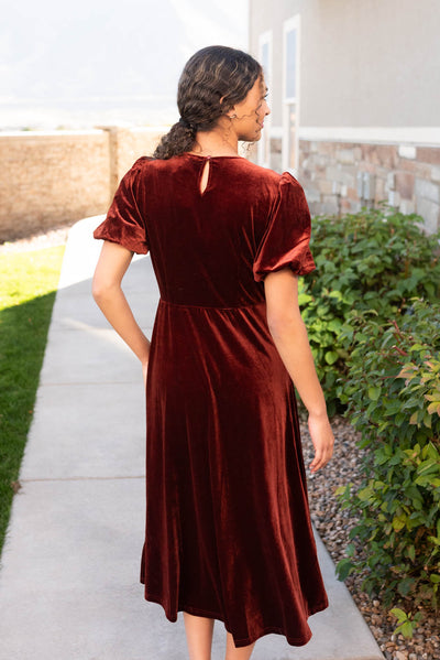 Back view of the copper velvet dress