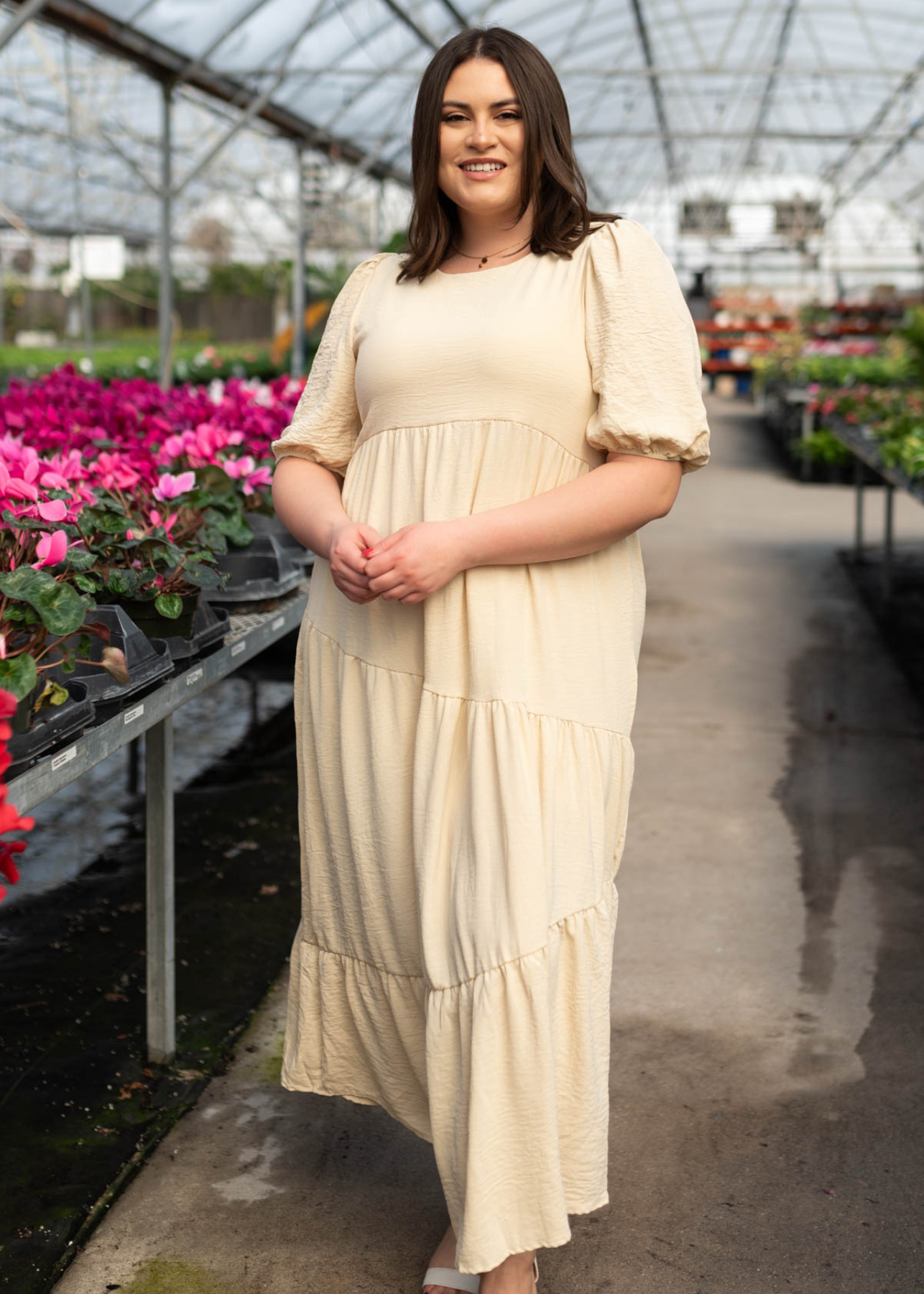 Front view of the taupe tiered dress