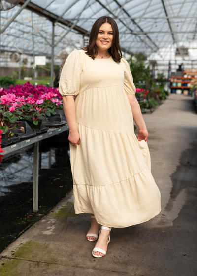 Short sleeve taupe tiered dress