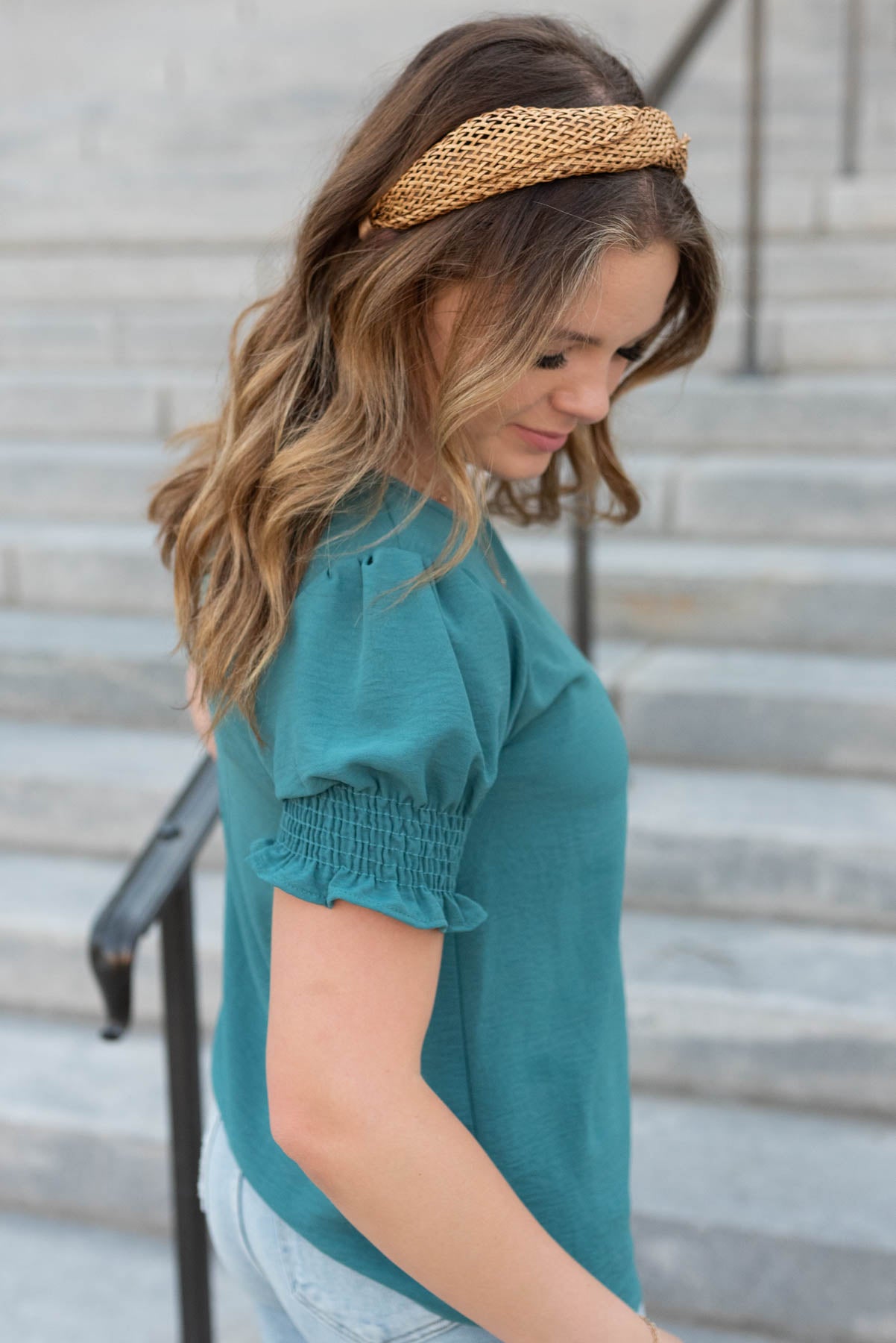 Side view of the jade green top